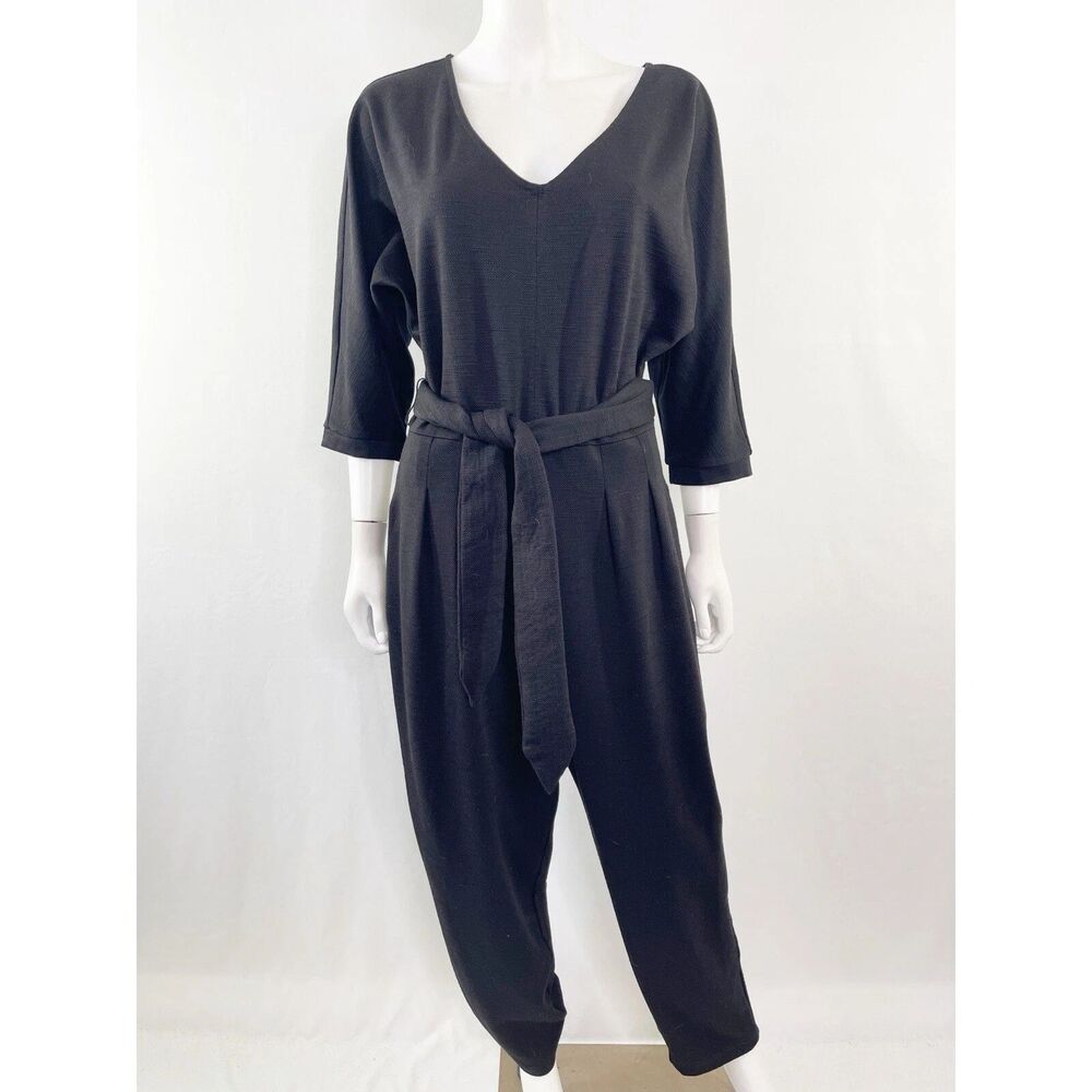 Anthropologie Jumpsuit Black Belted V-Neck 3/4 Sleeves Sz S Baggy